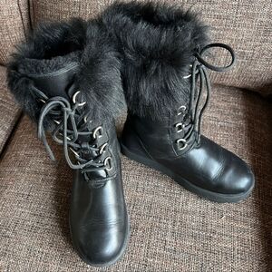 Women's Black UGG AYA Leather Waterproof Winter Fur Boots, Size 6.5